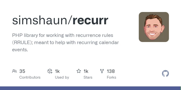 GitHub - simshaun/recurr: PHP library for working with recurrence rules (RRULE); meant to help with recurring calendar events.